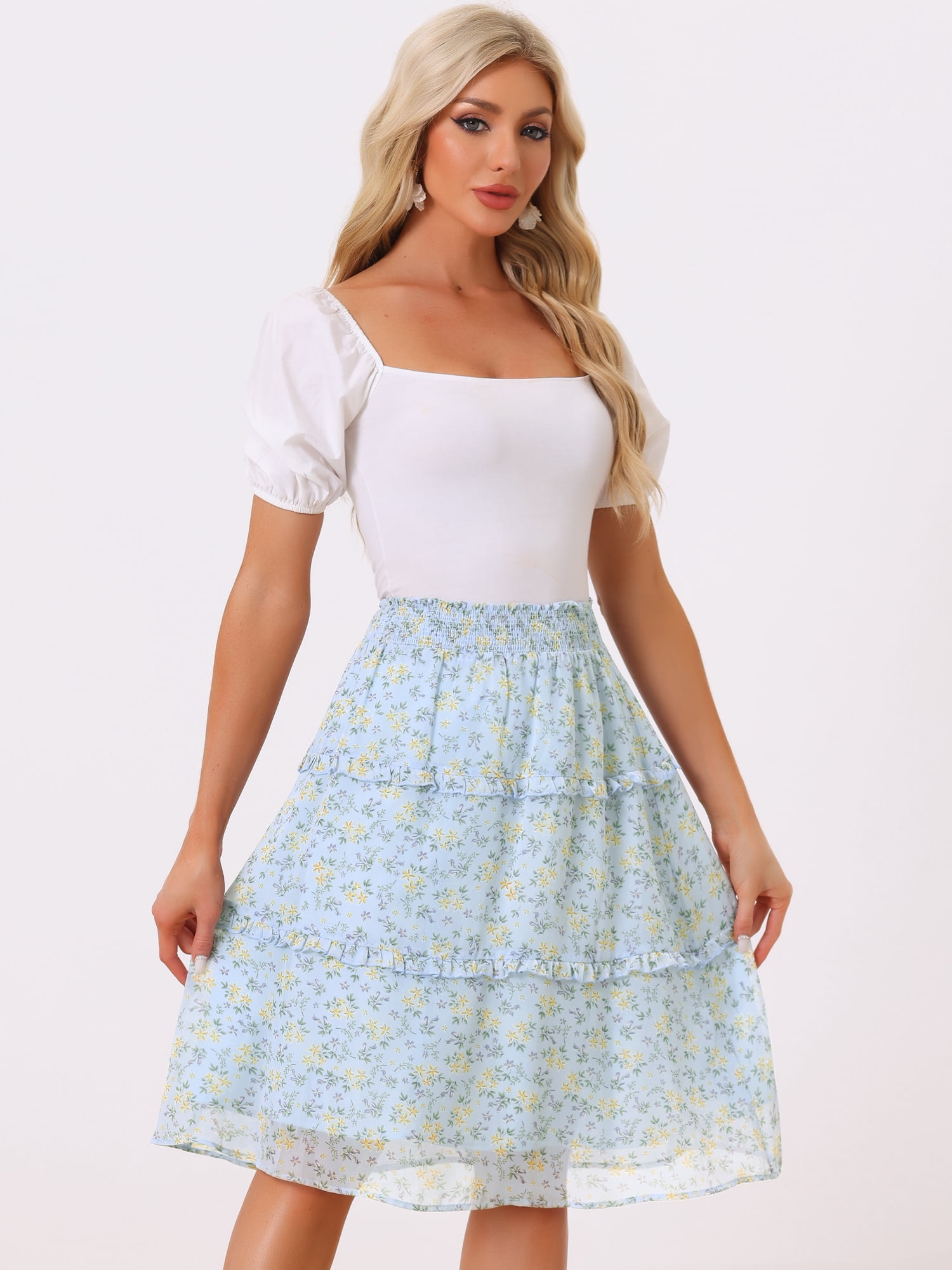 DARING DIVA Women's Floral Chiffon Layer Ruffle Hem Midi Skirt M Light Blue