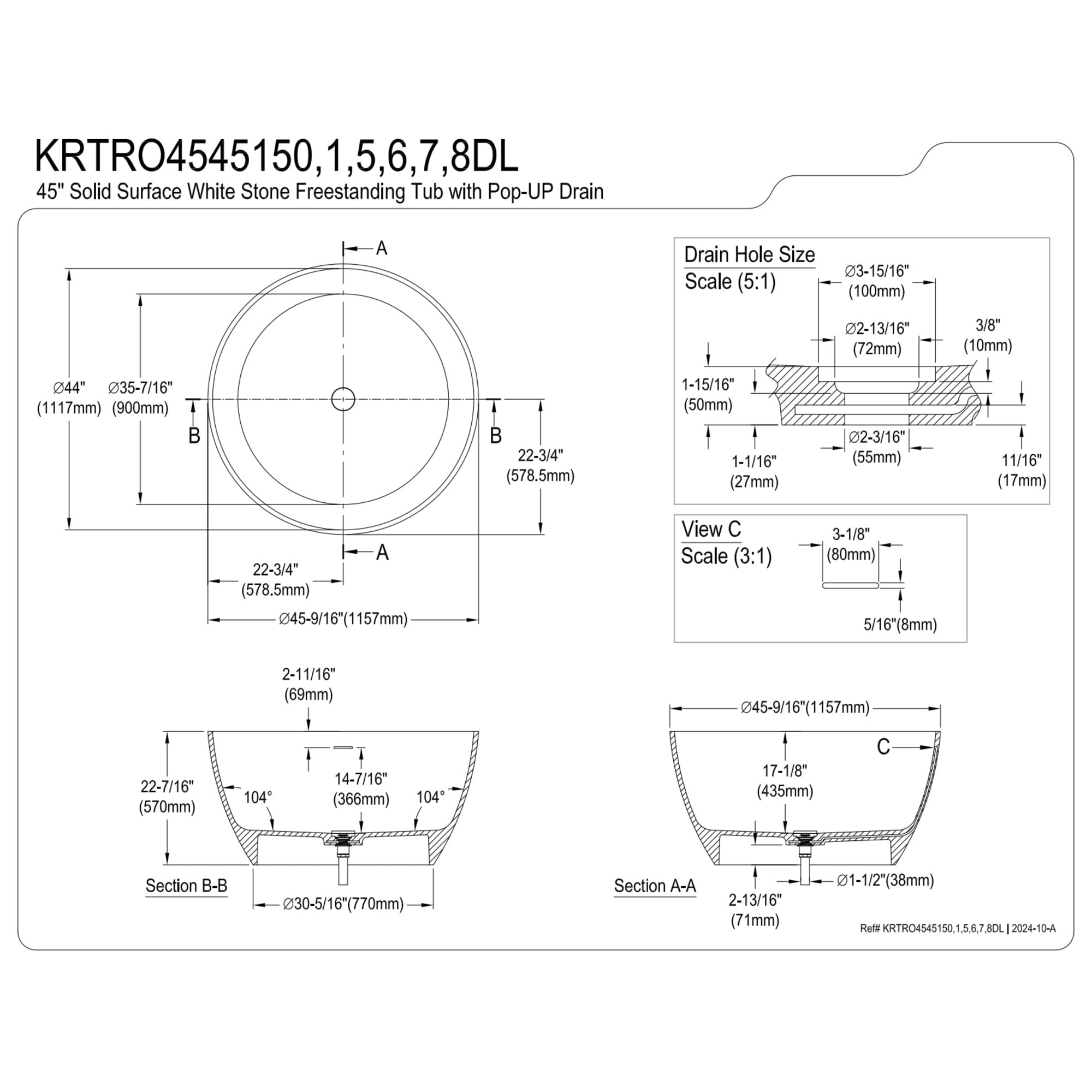 Kingston Brass KRTRO4545157DL 45-Inch Solid Surface Round Double Ended Freestanding Tub with Faucet Combo and Drain in Brushed Brass