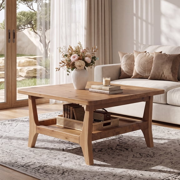 Finmind Solid Wood Coffee Table, Natural Brown Wood Coffee Table, Square Center Table with 2-Tier Storage