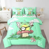 Manfei Kawaii Frog Mushroom 7-Piece Bedding Comforter Set,Musical Meldoy King Bedding Sets,Green Cyan Yellow Bed Sheets For Girl Boy,Super Cozy Room Decor Reversible