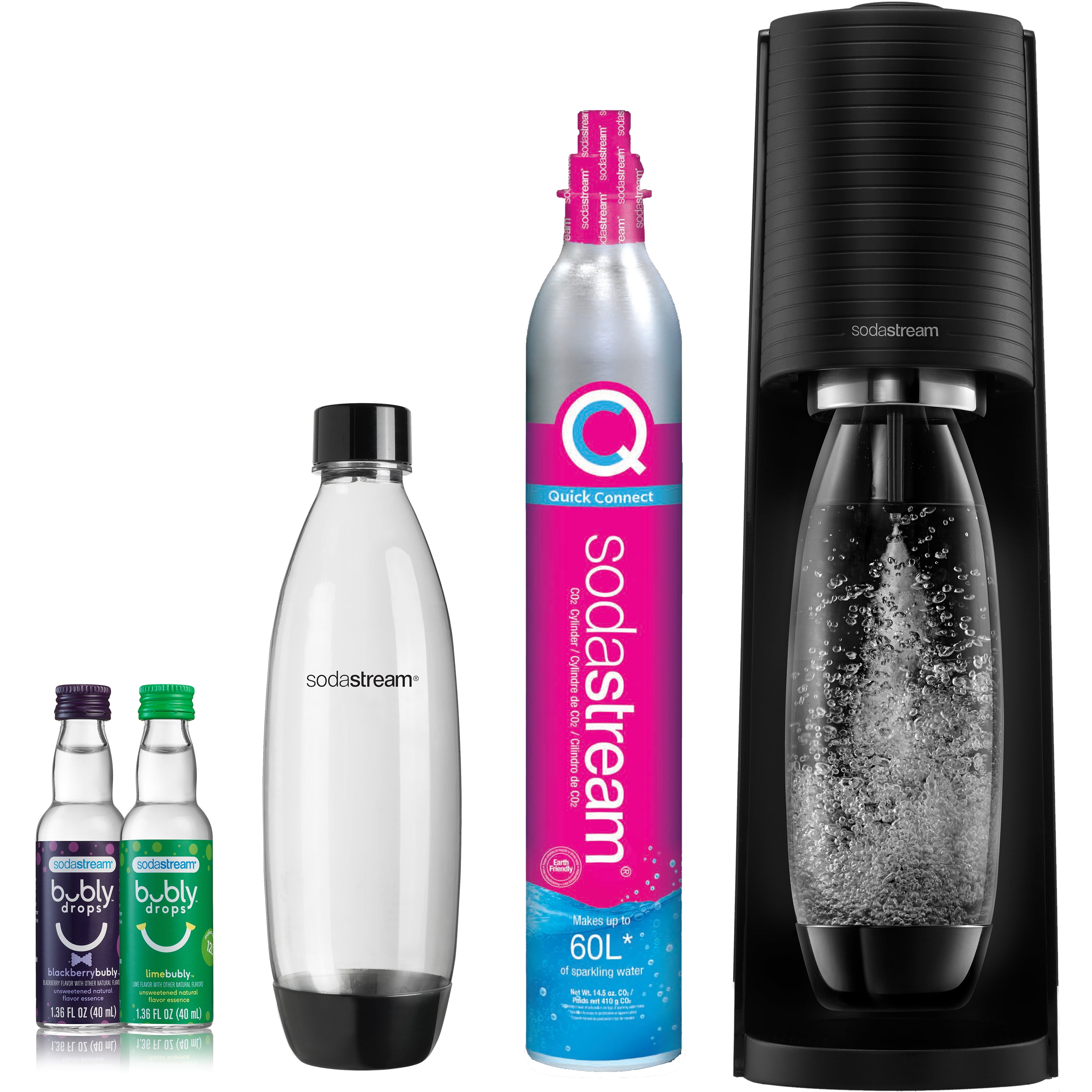 SodaStream Terra Sparkling Water Maker (Black) Bundle with CO2, 2 Bottles and 2 bubly Drop