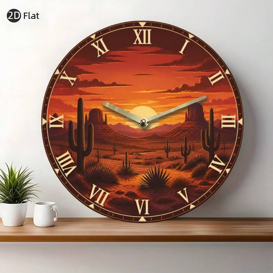 Silent Non-Ticking Round Wall Clock, Western Desert Sunset Saguaro Cactus Wall Clock, Vintage Southwest American Landscape Decorative Hanging Clock for Living Room Cabin Decor