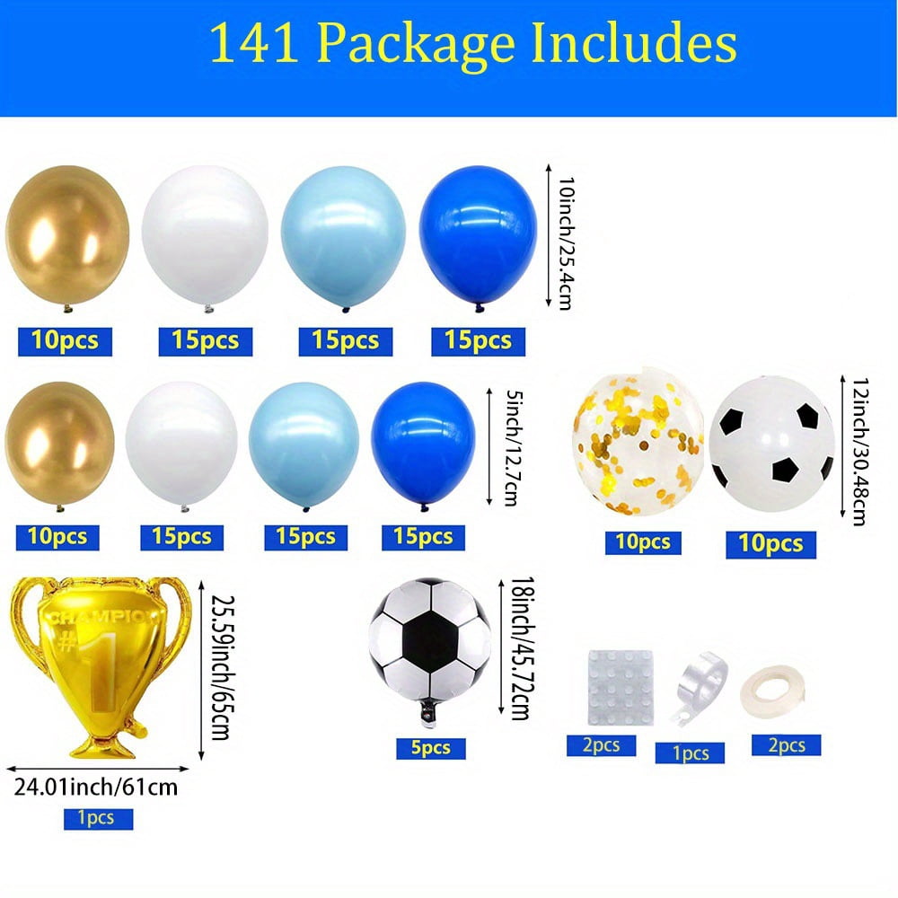 Soccer Birthday Decorations Balloon Arch Kit, Blue Gold Football Theme Party Balloons with Trophy Balloon Soccer Ball Balloons for Boys Sports Birthday Party Supplies