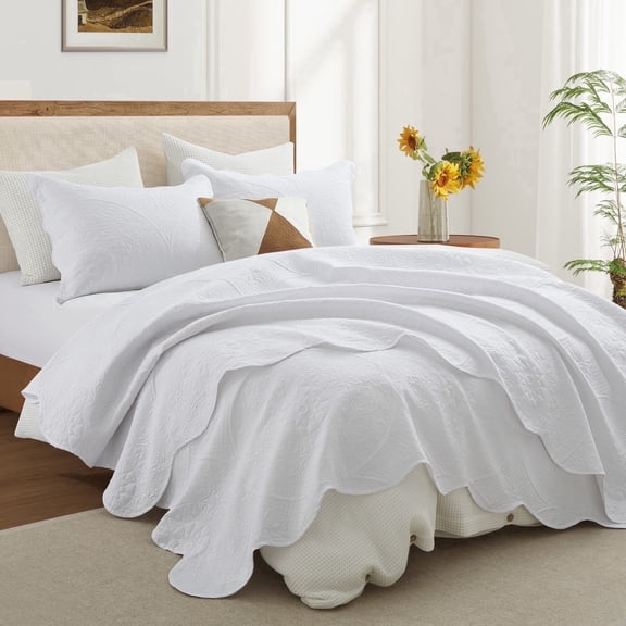 Ameha 3-Piece Quilt Set Bedspread Lightweight Embossed Floral Microfiber Coverlet Adult Queen Size White