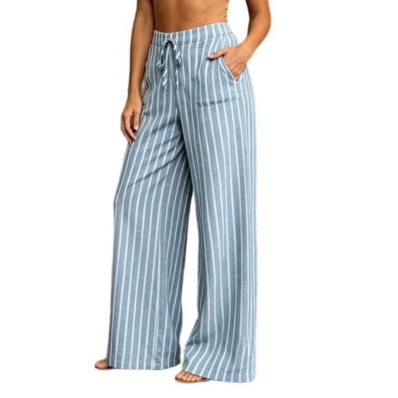 ATOYSOY Striped Print Linen Pants Women Drawstring Waist Side Inseam Pocket Breathable Woven Trousers For Home Outdoor Beach Everyday Casual Bottoms