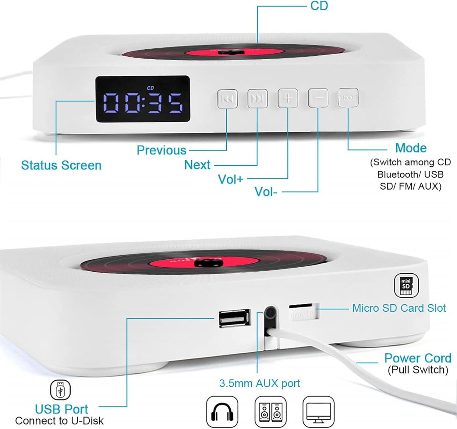 Bluetooth CD Player, Wall-Mounted Home Audio Speaker with LED Screen Display, Supports U Disk, TF Card Playback, Supports CD, CD-R, CD-RW, MP3, WMA and Other Formats