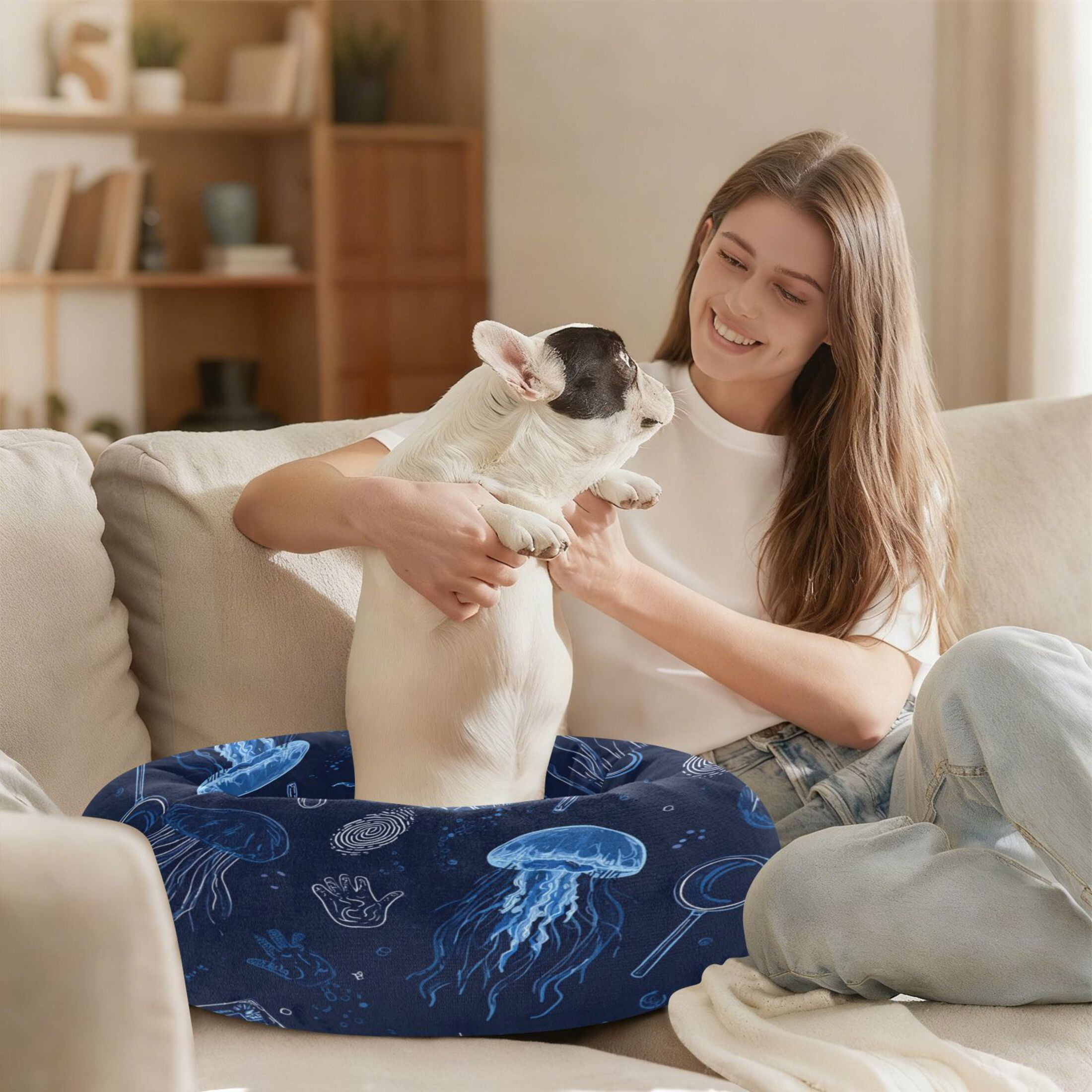 Iauyy Pet Couch Donut Cat Bed for Indoor Cats/Small Dogs Washable & Machine with Non-slip Bottom Calming Cat Furniture, Upward Jellyfish (M)