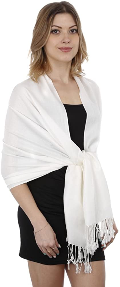 Large White Silk Shawl Light Pashmina Scarf Floral  44"x70"  Elegant Versatile 