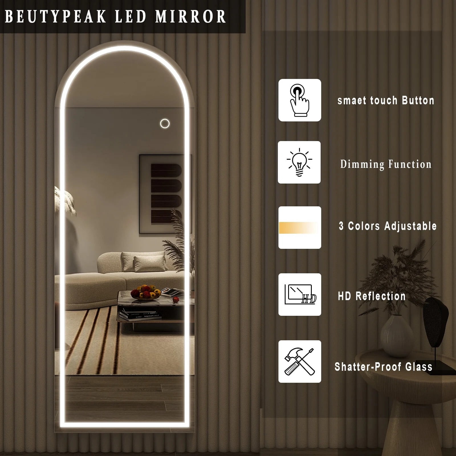 BEAUTYPEAK 64"x21" LED Arched Full Length Mirror Freestanding Full Body Mirror