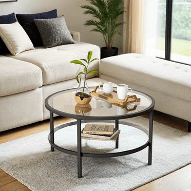 DIYART Black Glass Coffee Table, 29.5 Inch Round Modern Coffee Table, 2-Tier Round Glass Coffee Table for Living Room, 29.5" D x 16.5" H