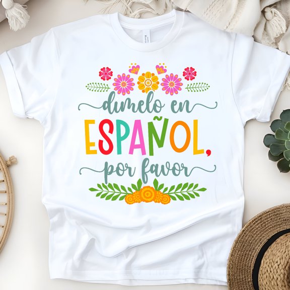 Dímelo en Español Por Favor T-Shirt – Bilingual Language Teacher Tee, White, Size S