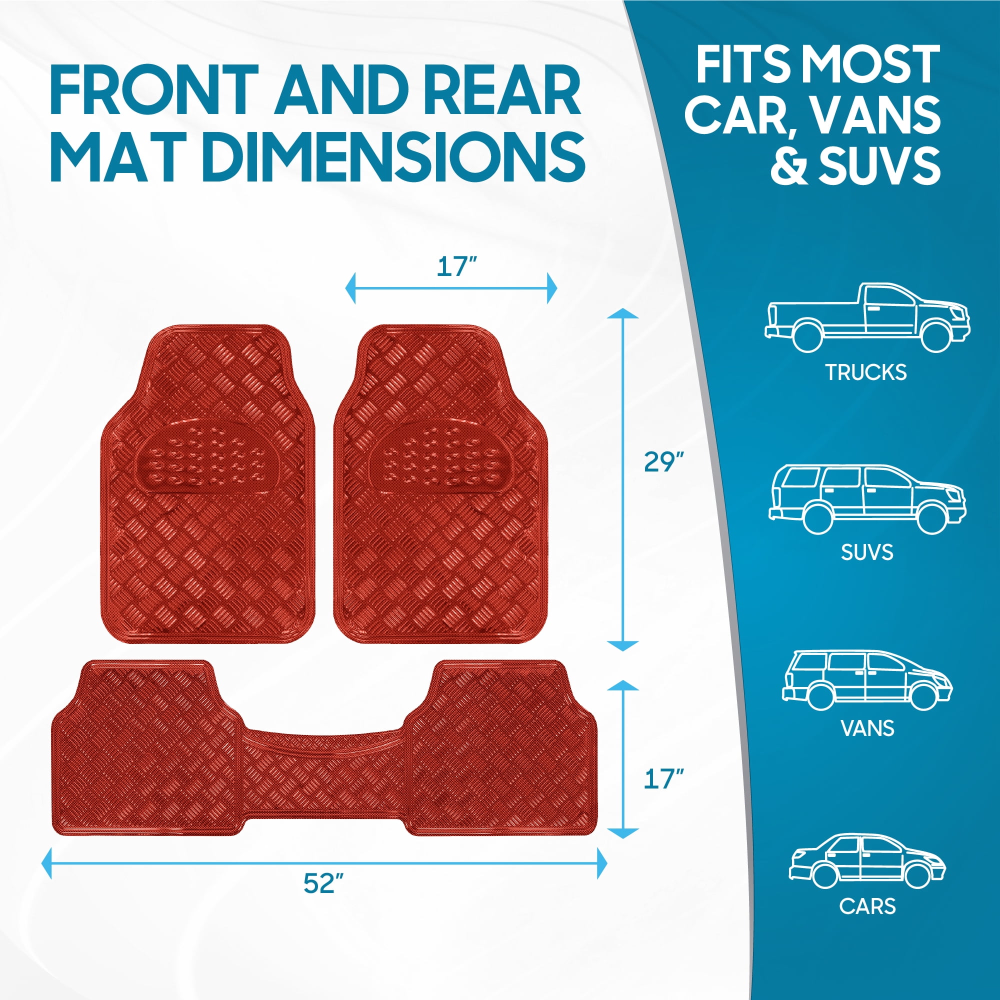 BDK 3-Piece All-Weather Universal Fit Front & Rear Floor Mats for Cars Trucks SUVs Vans, All-Weather Easy-to-Clean Diamond Metal Pattern Durable Heavy Duty Non-Slip Protection - Metallic Red