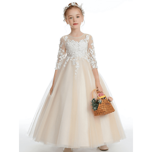 Elegant Tulle Flower Girl Dress A Line Applique First Communion Dresses with Sleeves Pageant Princess Party Gowns (2 -3Years）