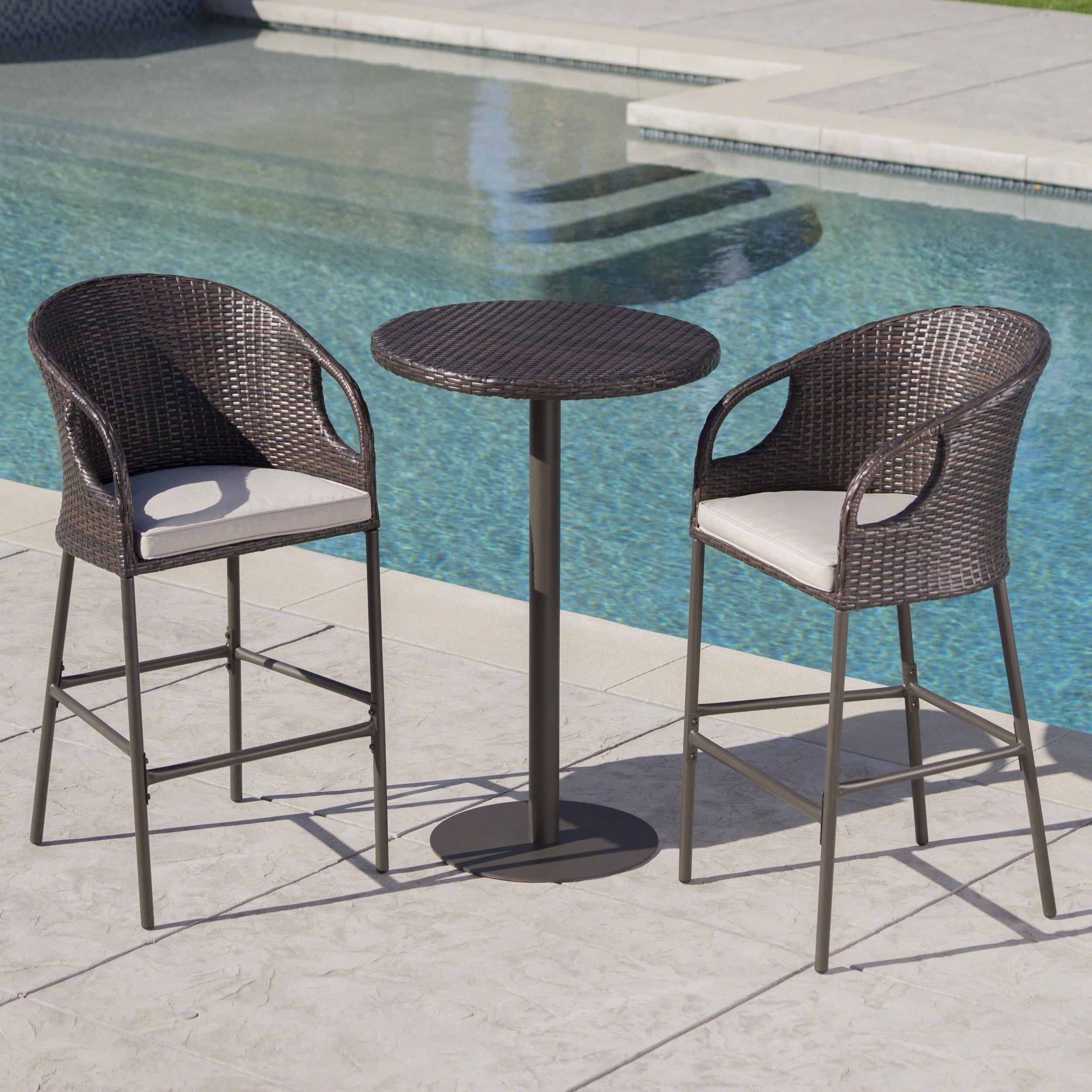Denver Outdoor 3 Piece 40 Inch Wicker Round Bar Set with Cushions, Multibrown, Light Brown
