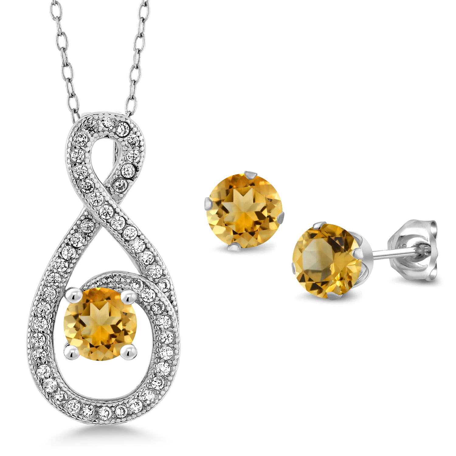 Gem Stone King 2.78 Ct Round Yellow Citrine 925 Sterling Silver Pendant and Earrings Jewelry Set