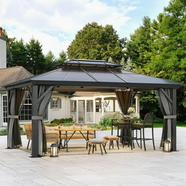 Dextrus 12x16FT Double Roof Gazebo Canopy, Outdoor Gazebo with Netting and Shaded Curtains, Aluminum Frame Hardtop Garden Tent for Patio, Backyard and Lawns, Grey Curtain