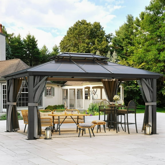 Dextrus 12x16FT Double Roof Gazebo Canopy, Outdoor Gazebo with Netting and Shaded Curtains, Aluminum Frame Hardtop Garden Tent for Patio, Backyard and Lawns, Grey Curtain