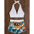 thumbnail image 3 of Traje de baño de 3 piezas para mujer Traje de baño Estampado floral Corbata Halter Top Bikini Conjunto con pantalones cortos Floral Blanco X Grande, 3 of 5