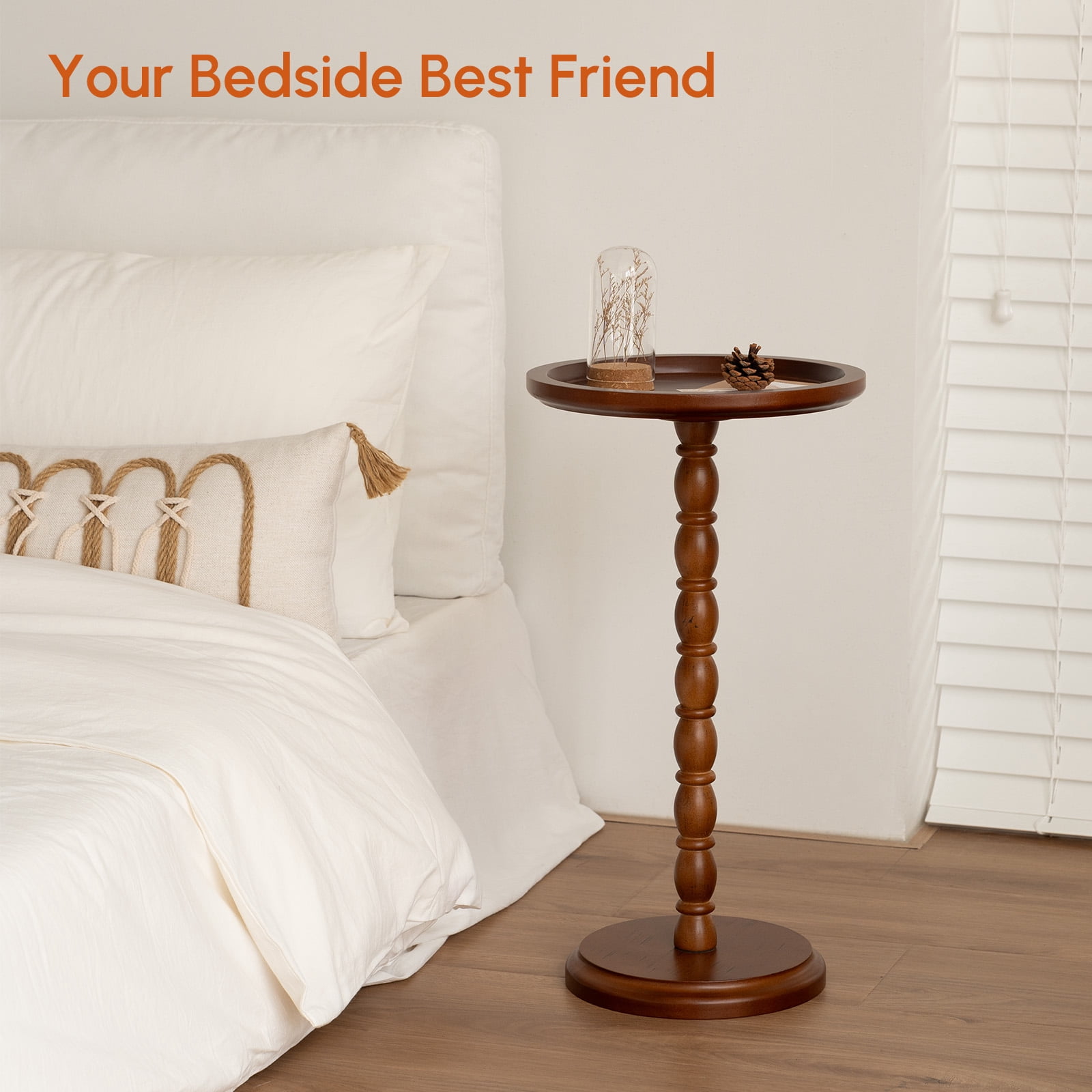 Hearthlight Home Round Side Table, Small Drink Table End Table with Solid Wood Leg for Living Room Bedroom Office,Brown,12inch
