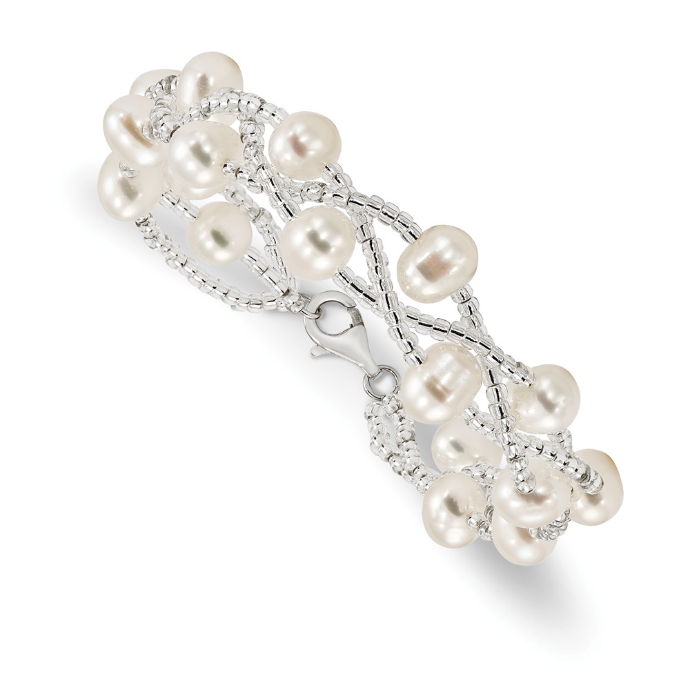 White Sterling Silver bracelet Pearl Ball (Beaded) Freshwater Glass 7.5 in 7 mm 2.24