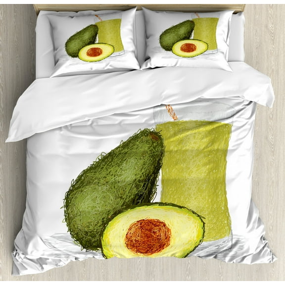 Avocado Queen Size Duvet Cover Set, Artistic Doodle Style Composition of Ripe Avocado Slices with Smoothie, Decorative 3 Piece Bedding Set with 2 Pillow Shams, Orange Green Pale Green, by Ambesonne