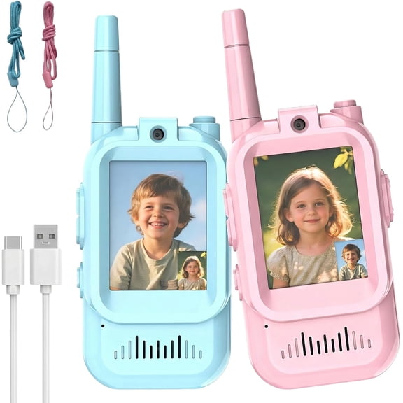 Video Walkie Talkies for Kids, 2 Pack Rechargeable Kids Walkie Talkies, Voice Changer & Real-Time Video Chat, for Boys Girls Age 3-12, Ideal for Outdoor Adventures&Family Fun (Blue Pink)
