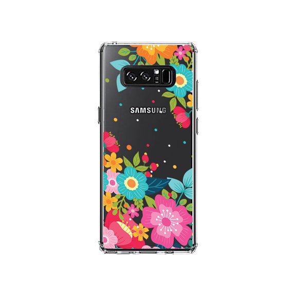 DistinctInk Clear Shockproof Hybrid Case for Samsung Galaxy Note 8 - TPU Bumper, Acrylic Back, Tempered Glass Screen Protector - Bright Colored Flowers and Dots