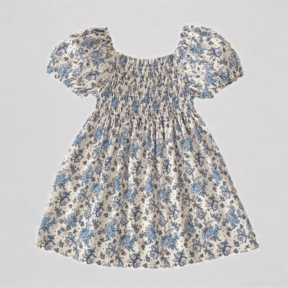 REDARER Girls' Summer Square Neck Puff Sleeve Smocked Floral Dress All-Over Print Casual Comfortable Flowy Dress for Kids,6-7 Years
