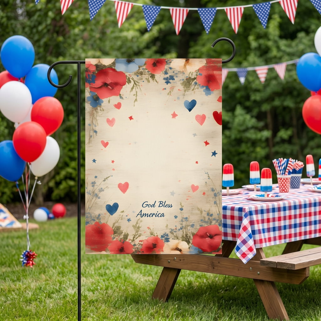 americana garden flag A patriotic background with red white and blue flowers and hearts. God Bless America outdoor flags Large Size 28x40 Inch 4th of july yard decor