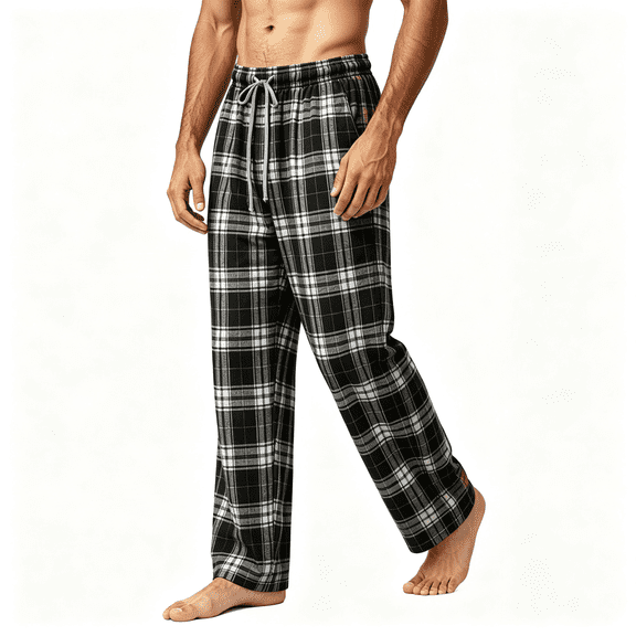 Mens Cotton Plaid Pajama Pants Casual Baggy Elastic Waist Drawstring Soft Wide Leg Lounge Pants Black S-3XL