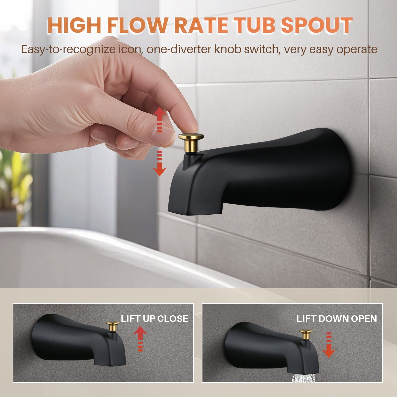 Wowow Single-Handle 5-Spray Settings Round Shower Faucet with Tub Spout in Matte Black and Gold (Valve Included)