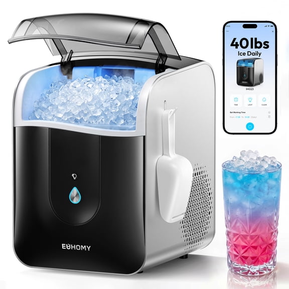 EUHOMY Nugget Ice Maker Countertop, 40Lbs/24H Chewable Pebble Ice Machine with Smart App Control and Self-Cleaning Function, Black
