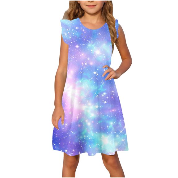 Hrsba Kids Summer Dress,Casual Sleeveless Dress for Girls,Toddler Girls Dress Summer Ruffle Sleeve Starlit Sky Printed Sundress Outfit For Kids 4-14T