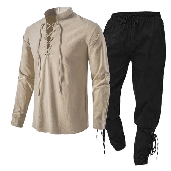 CONFREE Mens 2 Peice Linen Pant Sets Casual Men's Summer Outfits Set Solid Henley Shirt Pants Beach Vacation Outfits for Men
