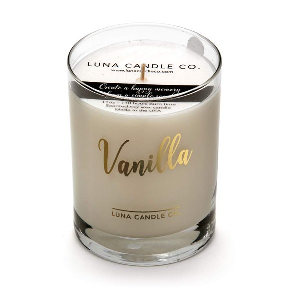 LUNA CANDLE CO. Vanilla Scented Jar Candle in 11oz. Clear Glass, Single Wick, Soy Wax, Up to 110 Hours of Burn Time, Great Gift for Home, Wedding, Birthday, Spa