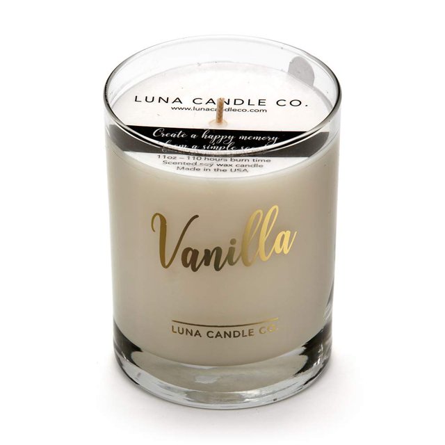 LUNA CANDLE CO. Vanilla Scented Jar Candle in 11oz. Clear Glass, Single Wick, Soy Wax, Up to 110 Hours of Burn Time, Great Gift for Home, Wedding, Birthday, Spa