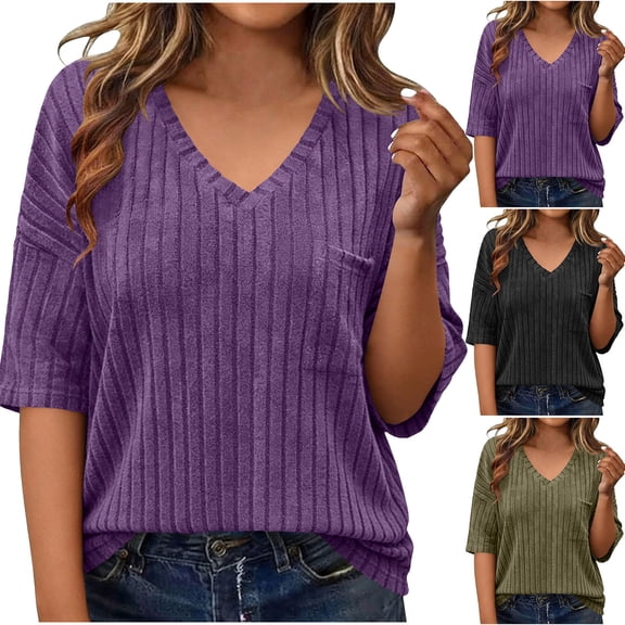 HomeDM Womens Short Sleeve Plus Size T Shirts, V Neck Summer Loose Fit Tops Casual Solid Color Basic Tee - Purple/2XL