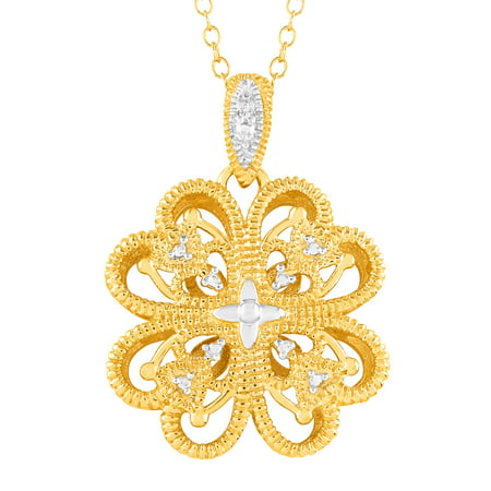 Flower Filigree Pendant Necklace with Diamond in 18kt Gold-Plated Sterling Silver