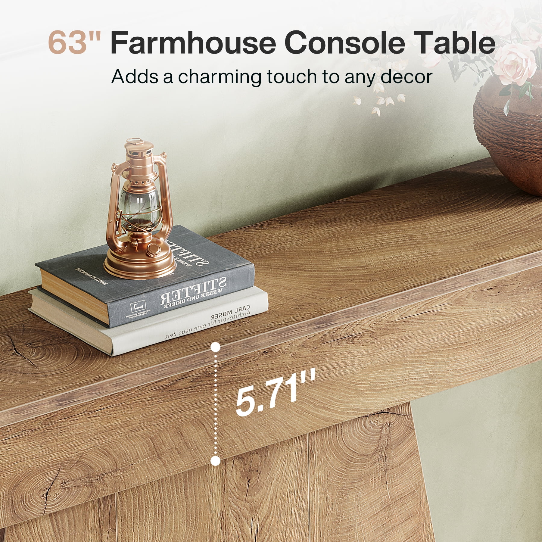 Fnova 63" Farmhouse Console Table, Narrow Wooden Entryway Table, Geometric Base Sofa Table for Living Room, Hallway, Light Brown