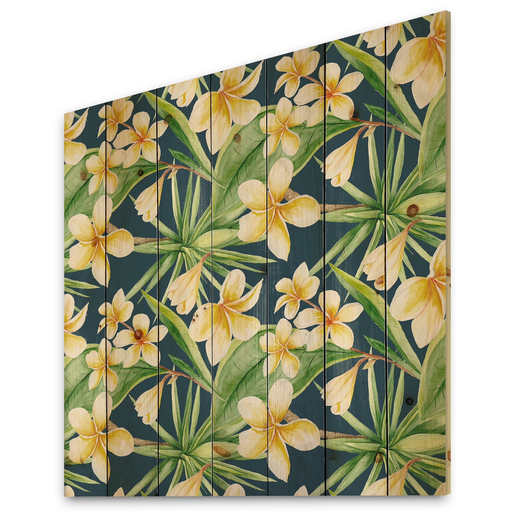 Designart 'Yellow Flowers and Tropical Foliage VIII' Modern Print on Natural Pine Wood