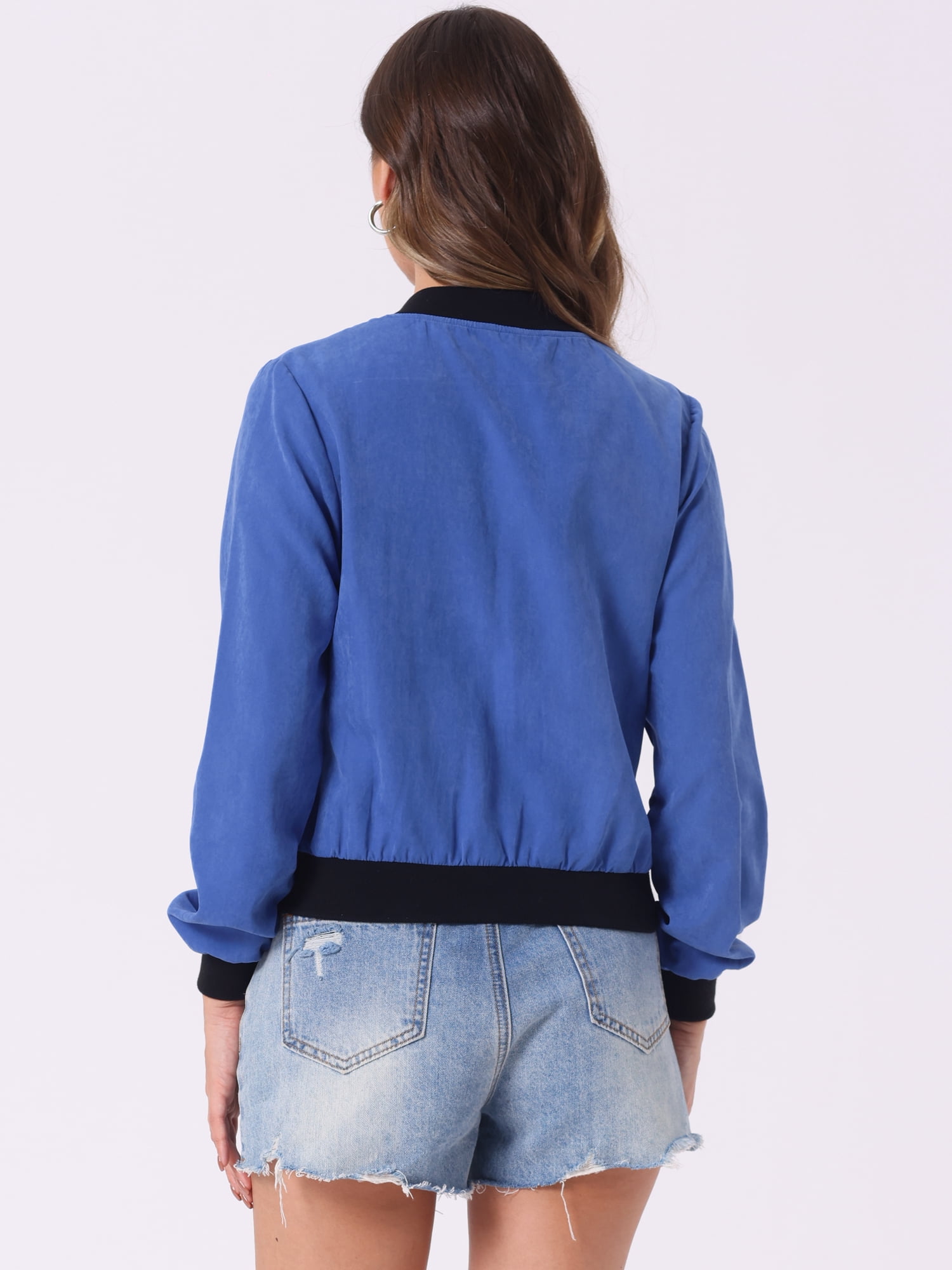 DARING DIVA Stand Collar Zip Up Flap Pocket Long Sleeve Bomber Jacket L Blue