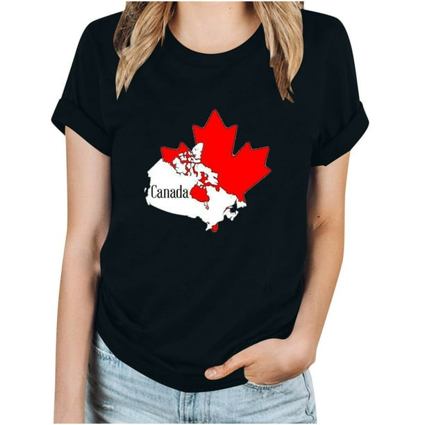 Camisetas de Manga Corta para Mujeres Canadá Día Hoja de Arce Impresión Básica de Verano Tee, Cuello Redondo Camiseta Casual
