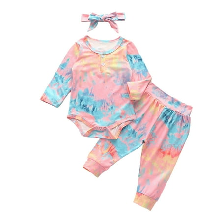 

3 Pieces Baby Suit Set Tie-Dye Print Round Neck Long Sleeve Baby Romper+ Trousers+ Headband