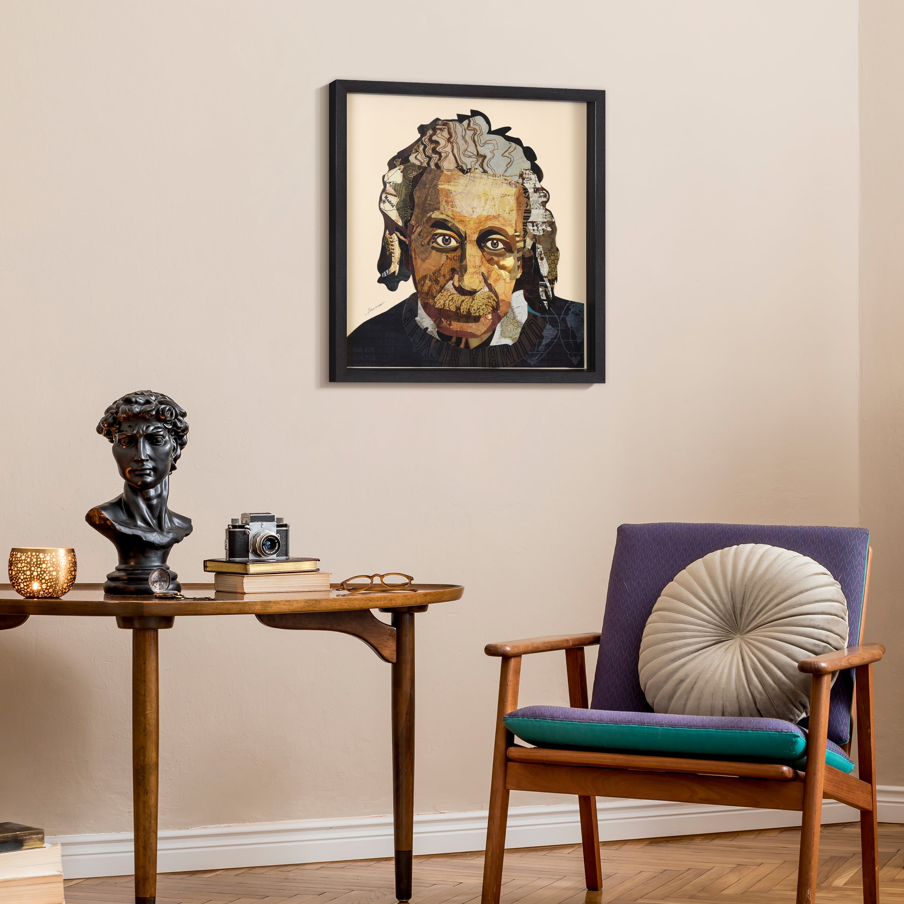 "Einstein" Alex Zeng’s dimensional collage, under glass & a black shadow box frame