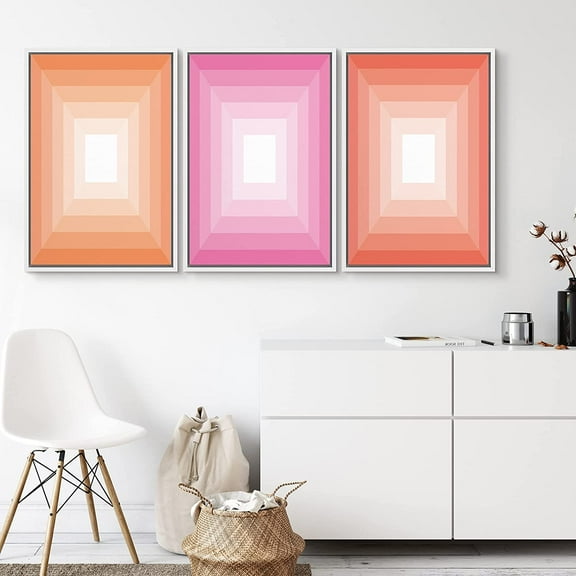 PixonSign Framed Canvas Print Wall Art Set Orange & Pink 3D Square Illusions Geometric Shapes Modern Art Alternative Colorful Multicolor Neon for Living Room, Bedroom, Office - 24"x36"x3 White