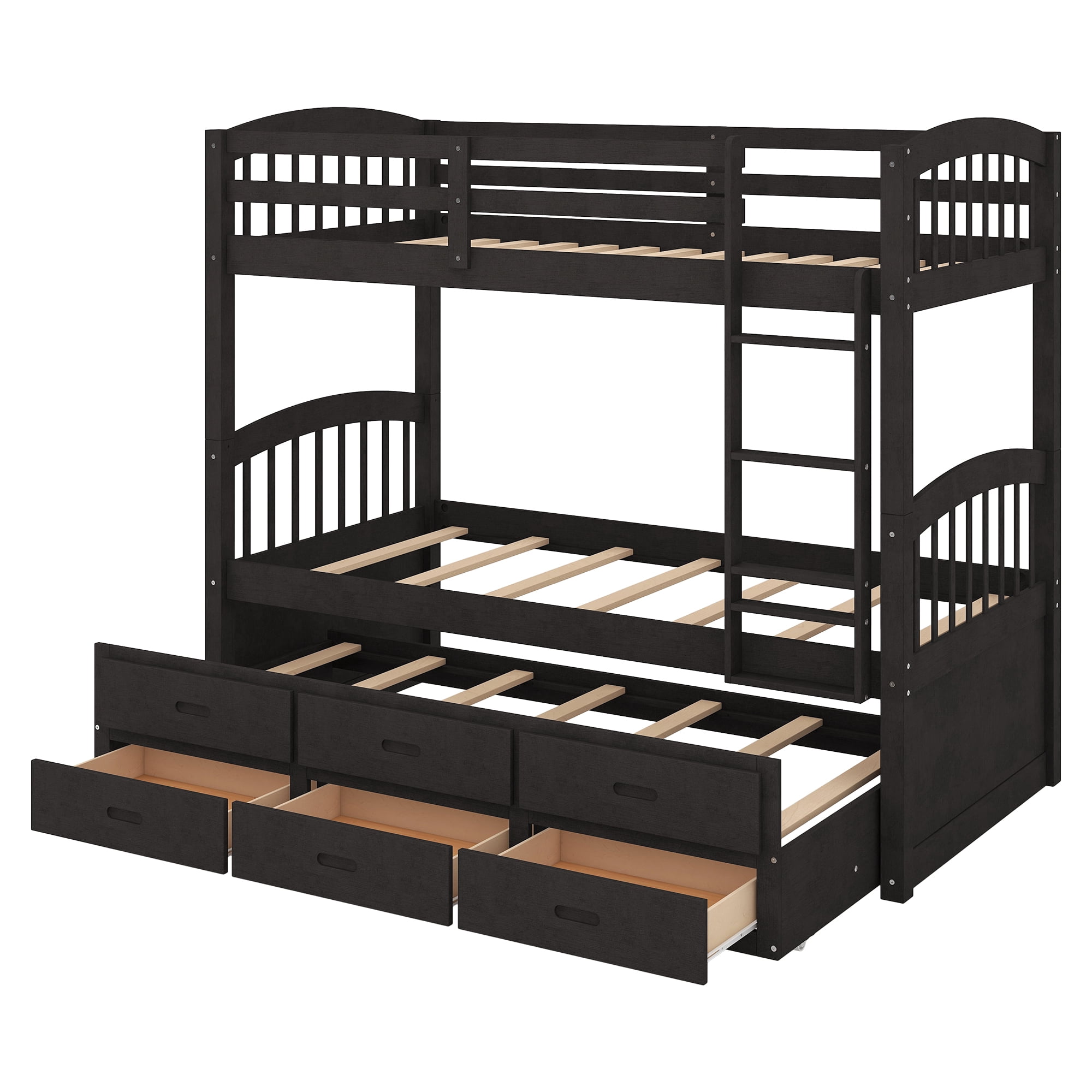 Euroco Twin Over Twin Wood Bunk Bed with Trundle and Drawers for Bedroom for Kids Teens, Dark Brown