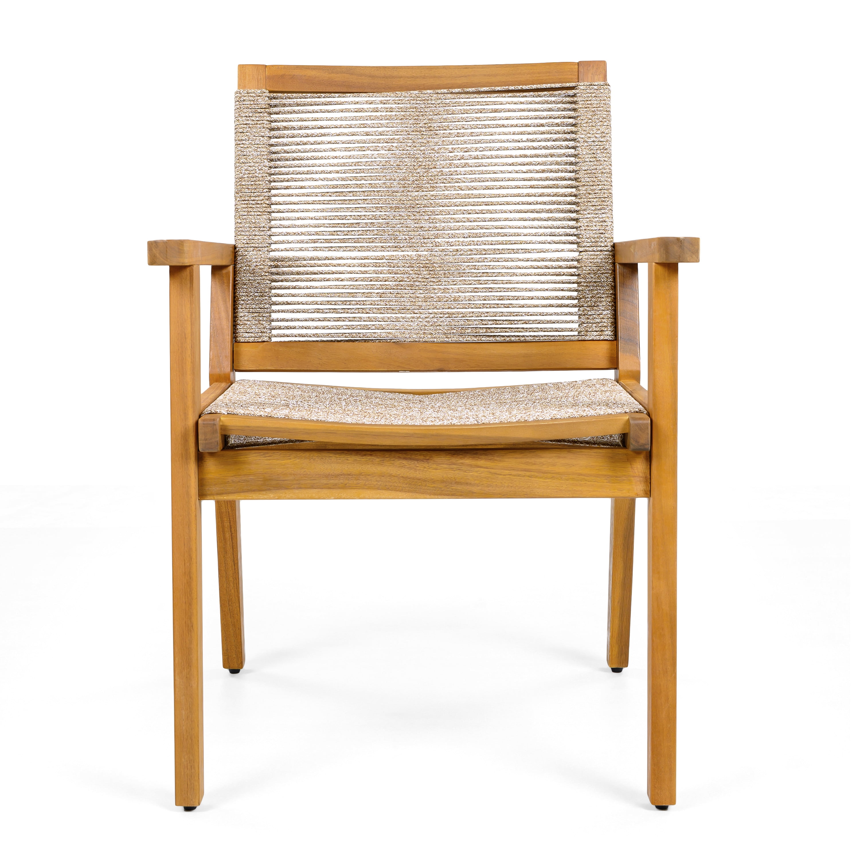 Outdoor Dining Chairs Set of 2, Teak Finish Wood Frame and Mix Brown Rope Natural Courtyard Style, Teak