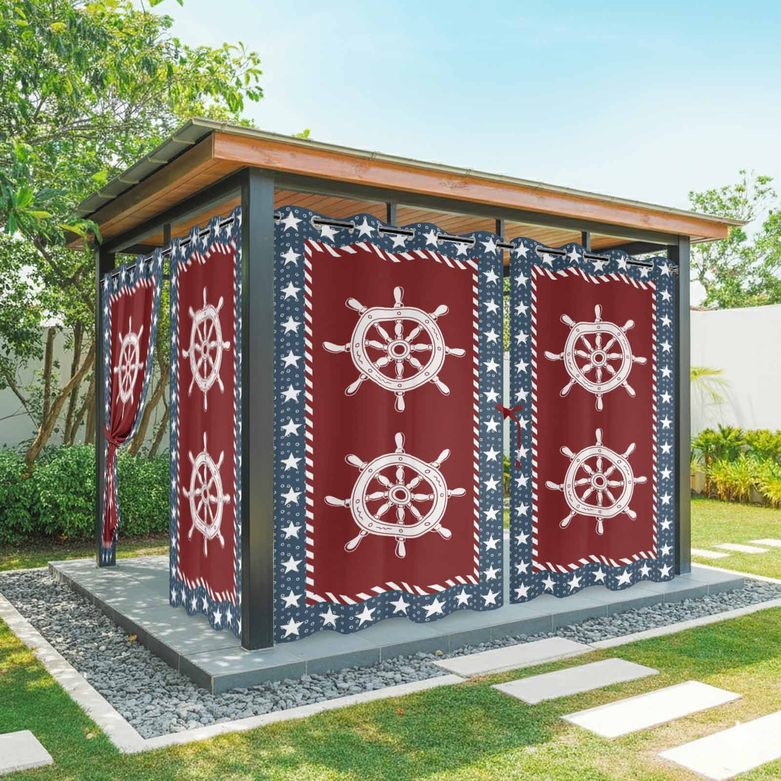 Independence Day Outdoor Curtains for Patio, U.S. Flag Ocean Coastal Rudder Pentagon Star Navy Blue Sunshade Privacy Drapes Grommet Waterproof Outside Curtains for Porch Balcony 54"x108", 2 Panel