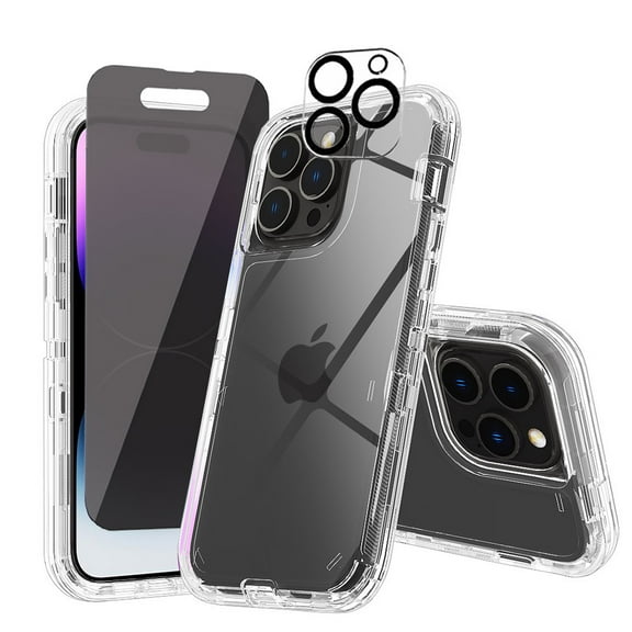 Xhy iPhone 14 Pro Case with Privacy Screen and Lens Protector Reinforced Protection Anti Scratch Transparent Shockproof Durable Non-Yellowing Crystal Clear Case for iPhone 14 Pro 6.1 inch 2022 Phone