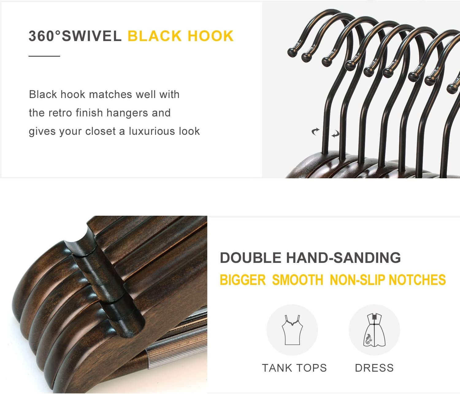 Heavy Duty Wood Coat Hangers in Smooth Retro Finish, Boutique Quality Wooden Suit Hangers with Thicker Non-Slip Rubber Pants Bar and Smoothly Cut Notches-360 °   Black Hook-18 Pack